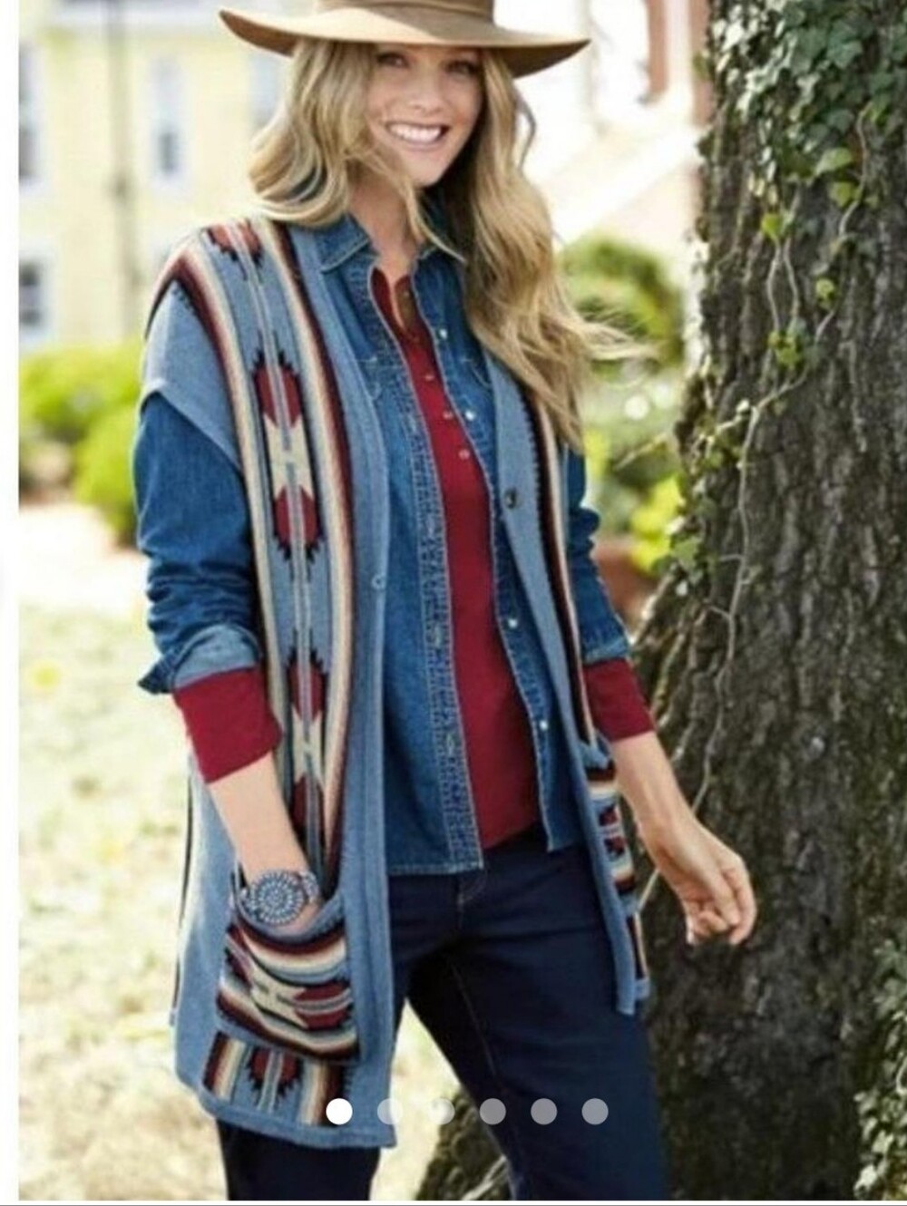 Chaps Denim Southwestern Aztec Long Cardigan Sweater Vest 1X Blue Boho Western